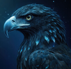 Black majestic eagle portrait against dark blue background. Neatly folded wings and striking contrast with monochrome backdrop. Majestic bird of prey with alert gaze off to the side.