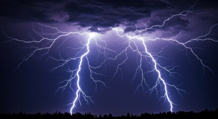 Dramatic nighttime thunderstorm with multiple powerful lightning bolts striking down from a dark, ominous sky.