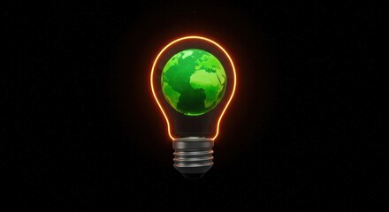 A green globe is contained within a glowing lightbulb outline, set against a dark background, symbolizing environmental awareness.