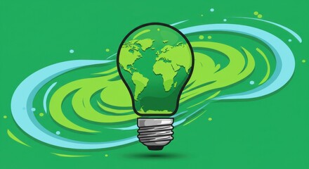 Green lightbulb shaped like Earth, representing environmental awareness and sustainable energy.