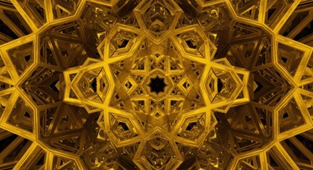 Golden, intricate, symmetrical pattern with repeating geometric shapes.