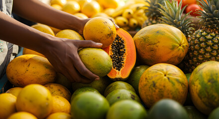 A person's hands selecting fresh tropical fruits from a vibrant market display, showcasing variety.