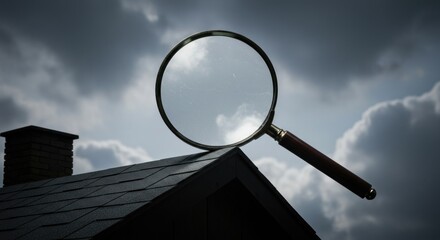 Magnifying glass inspecting a house roof under a stormy sky.
