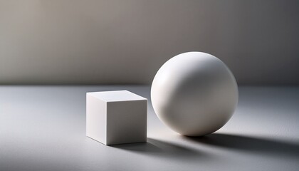 smooth sphere and cube on pale stone surface with natural lighting