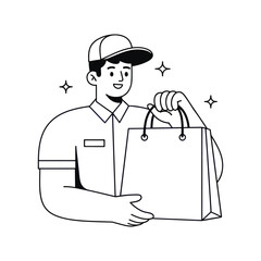Minimal outline style delivery worker holding paper bag for e-commerce and shipping themes