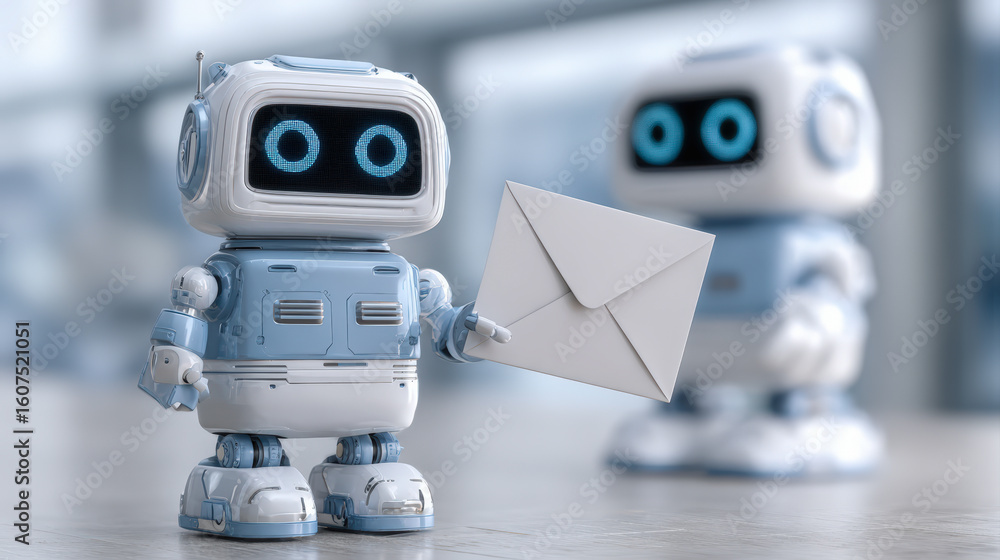 Poster friendly robot holding envelope symbolizes modern communication and technology. this captures essenc
