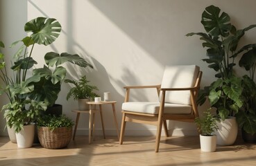 Fototapeta premium Modern Japandi home corner with two large potted plants on white background. Wooden chair with white cushion, gray rug. Harmonious balance of nature, minimal style. Calming space for coffee,