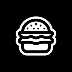 Minimalist Burger Icon in Black and White Style. Flat black and white burger icon with sesame bun and bold lines. Ideal for fast food branding, restaurant menus, food delivery apps, 