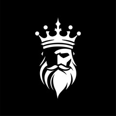Royal King Head Logo in Black and White Silhouette. Bold black and white silhouette of a crowned king with beard and mustache. Perfect for premium branding, barbershops, esports logos, royalty themes
