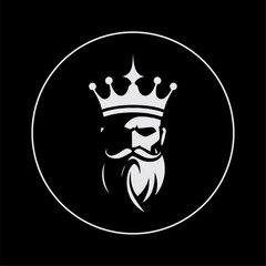 Minimalist Crowned King Face Logo in Black Circle. king, crown, logo, royal, beard, mustache, silhouette, black and white, eyepatch, circle logo, face, head, masculine, emperor, regal, strong, vintag
