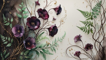 Ethereal Floral Pattern: A Seamless Design Featuring Dark Flowers and Twisting Branches on a Green Background
