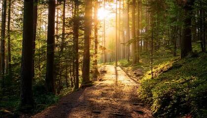Obraz premium a mystical forest path illuminated by warm golden sunlight creating a serene atmosphere and tranquility