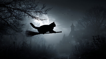 silhouette of a cat on a broom