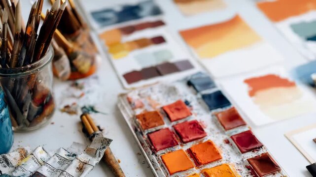 Artistic workspace showcasing vibrant watercolors and brushes in a creative setting with color palettes and paint tubes organized on a table