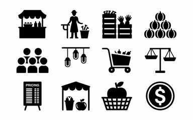 Collection of market stall and produce icons silhouette isolated on white background