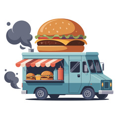Cartoon food truck serving burgers with smoke coming from the exhaust