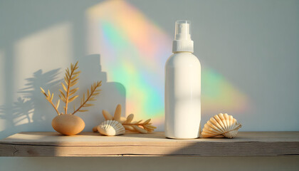 Spray Bottle's Aura: A pristine spray bottle stands at the heart of an artistic composition, embraced by the ethereal glow of a rainbow.