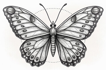 Intricate Tattoo Sketch of a Symmetrical Butterfly with Detailed Patterns and Textures, Ideal for Body Art Inspiration