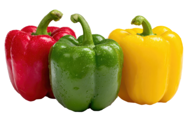Three bell peppers, red, green, and yellow, sit close together against a black background.  Each pepper shows a slightly glossy, wet surface