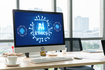 AI ethics responsibility standard law and rules on computer screen provide report of AI ethic...