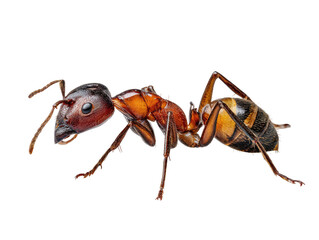 Close-up of a large reddish-brown ant with yellow/tan segments, displayed against a black background.  Ant's body parts, legs, and antennae are sharply defined