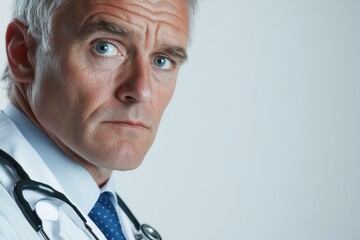 A male doctor, serious, confident, in a white coat and with a stethoscope on a white isolated background with space for copying. Banner. Background