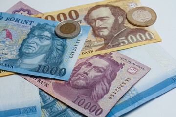 Hungarian forint banknotes and coins close-up
