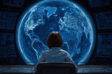 Silhouette in control room: symbol of global tech industry's decline. Shanghai changes. Tech industry faces major realignment as western firms exit china. Tech downsizing. Digital retreat.