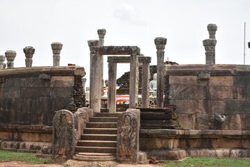 Ancient Pagoda, Statues of the Lord Buddha, and Ruins of Vatadage of the Girihandu Seya, Thiriyai,...