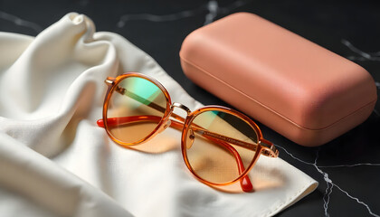 Stylish Sunglasses on Silk: A chic pair of sunglasses rests elegantly on a soft silk cloth, accompanied by a sleek protective case, showcasing a blend of fashion and functionality. 