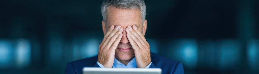 Nature Escape from Tech, Man covering eyes with hands feeling stressed trying to escape from tech overload in dim nature inspired office space