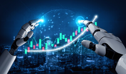 This image depicts robotic hands reaching out to manipulate a glowing financial graph, set in a futuristic smart city landscape at night. Impute
