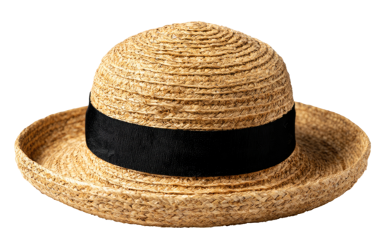 A light beige straw hat with a black ribbon band.  The hat is a round, slightly domed shape.  The straw is woven tightly and the brim is fairly wide