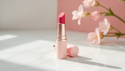 Pink lipstick tube as a beauty accessory on isolated background