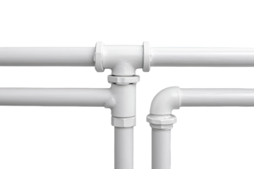 White PVC drain pipes with various fittings, angled and connected