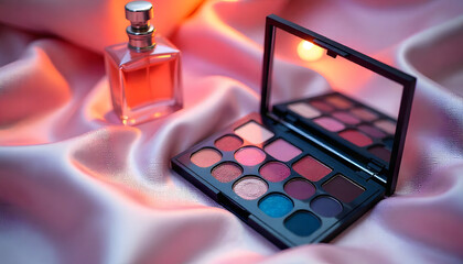 Makeup brushes and colorful cosmetic palette set on display
