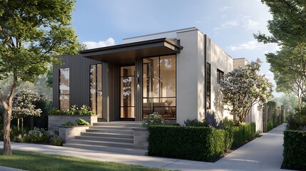 Modern home exterior presents sleek facade. Architecture, landscaping, and design are showcased. Useful for real estate, marketing, and architectural design.
