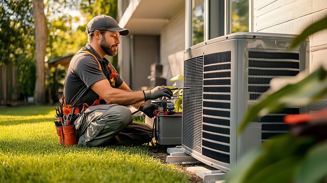 Hvac technician performing maintenance on an outdoor air conditioning unit
