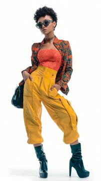 Fashion model showcases vibrant outfit with bold colors and styles in a modern urban setting