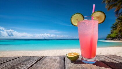 a refreshing pink cocktail at a serene beach destination evoking summer bliss with vibrant turquoise
