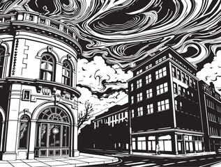 Street landscape, urban architecture, vintage, retro. Hand drawn vector illustration