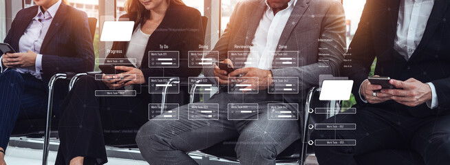 Project management system showing workflow stages, task progress, and review status. Task progress...