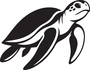 Swimming sea turtle black and white illustration, Aquatic animal silhouette on white background