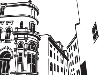 Street landscape, urban architecture, vintage, retro. Hand drawn vector illustration