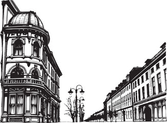 Street landscape, urban architecture, vintage, retro. Hand drawn vector illustration