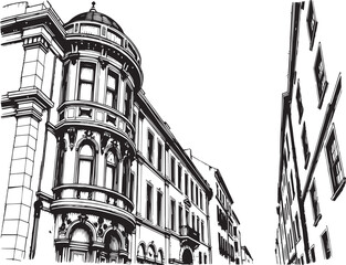 Street landscape, urban architecture, vintage, retro. Hand drawn vector illustration