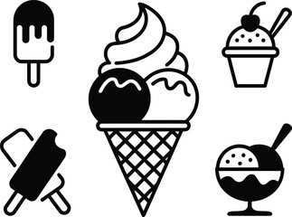 Collection of stylized ice cream icons in black and white Collection of six different black and white ice cream illustrations in a grid