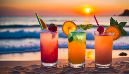 enjoying refreshing cocktails by the beach during sunset with colorful fruits garnishing the drinks