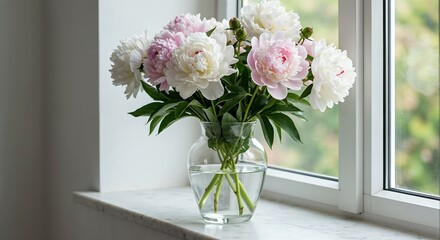 White and Pink Peony Bouquet in Glass Vase on Marble Windowsill with Soft Natural Light