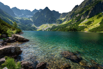 Breathtaking alpine lake vista with crystal clear water and majestic mountain scenery for outdoor adventure